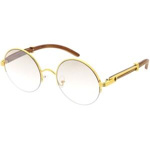 Round Eyeglasses Gold Frame Wood Arms Men's Fashion Glasses Buffs Sophisticated‎